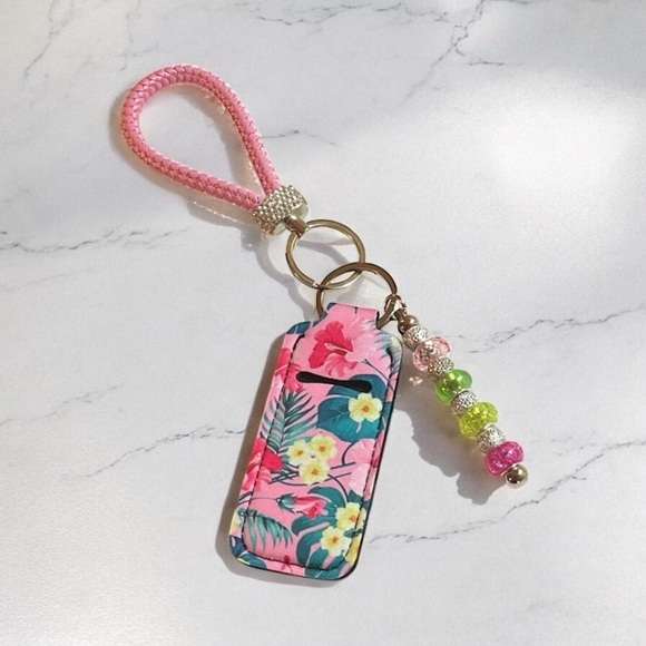 Accessories - Pink Keychain & Floral Lipstick Pouch
